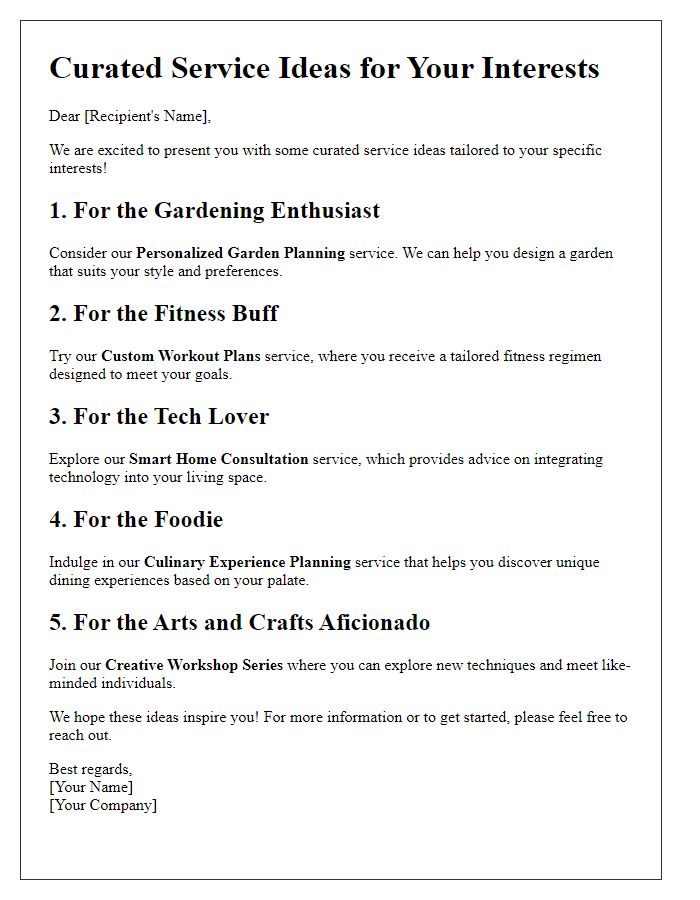 Letter template of curated service ideas for specific interests
