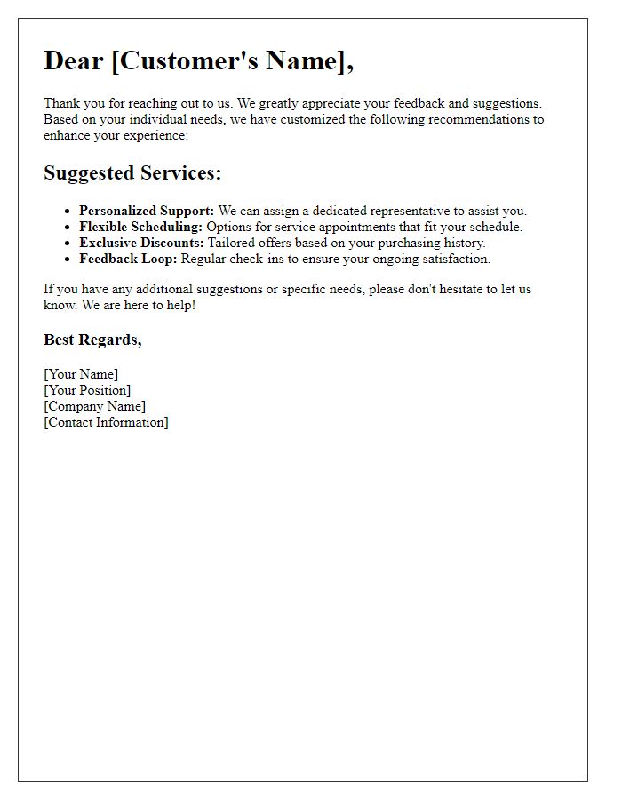 Letter template of custom service suggestions for individual needs