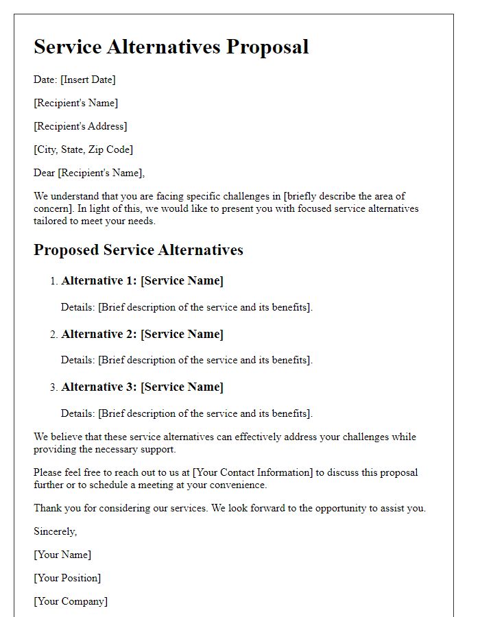 Letter template of focused service alternatives for particular challenges