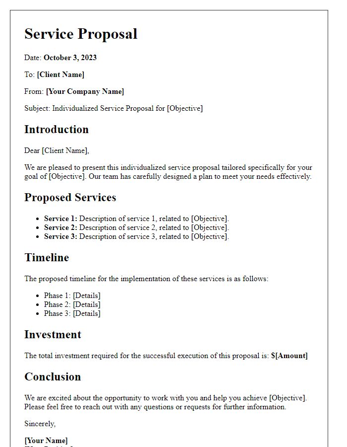 Letter template of individualized service proposals for distinct objectives