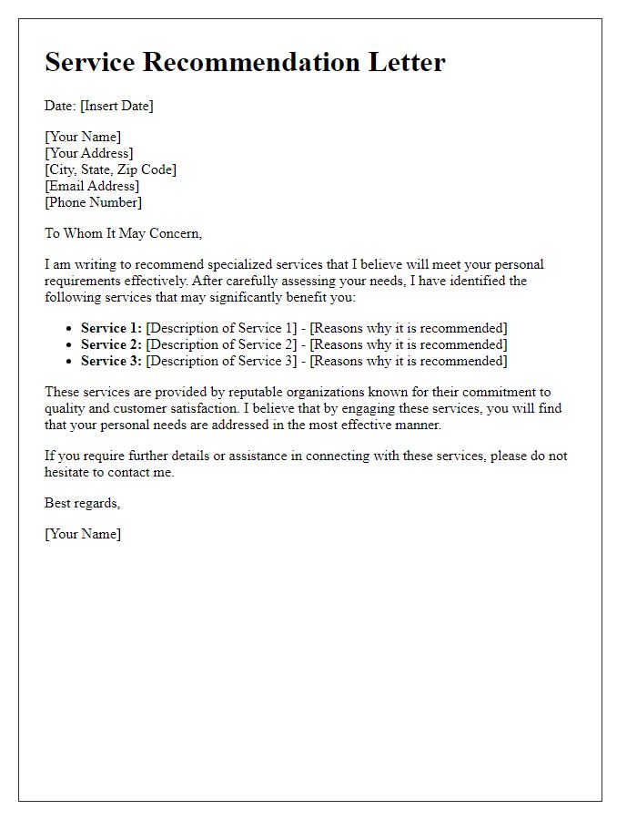 Letter template of specialized service recommendations for personal requirements