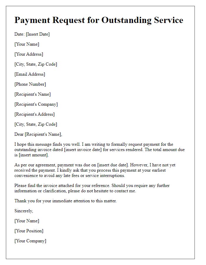 Letter template of outstanding service payment request