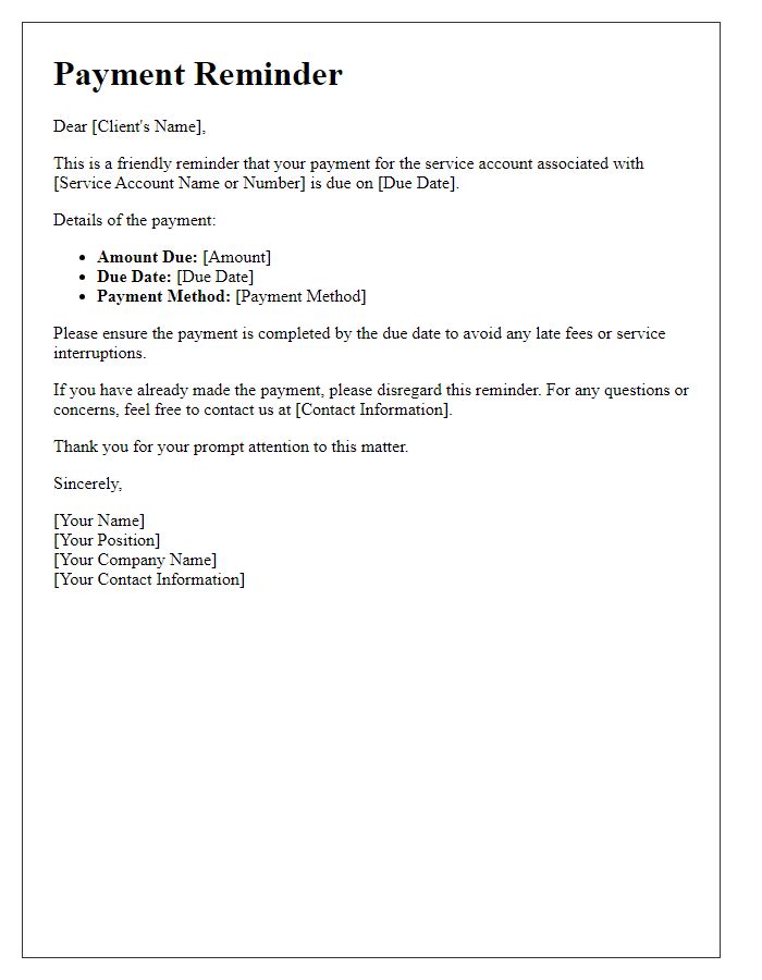 Letter template of service account payment reminder