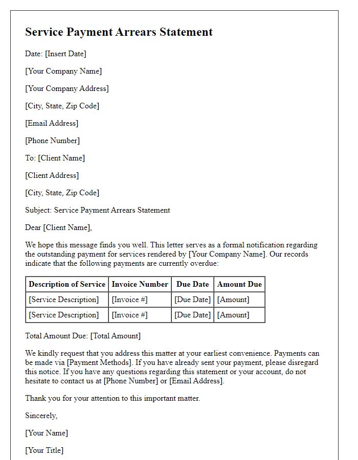 Letter template of service payment arrears statement