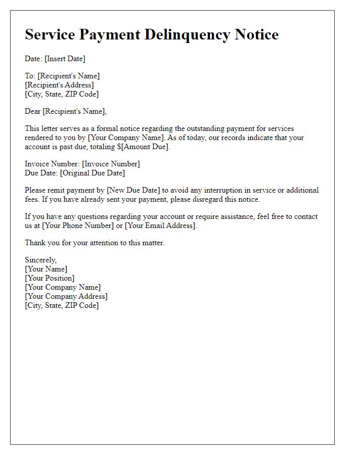 Letter template of service payment delinquency notice