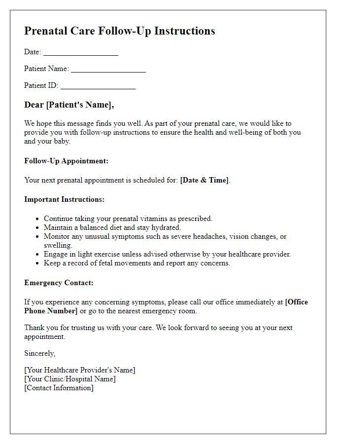 Letter template of prenatal care follow-up instructions