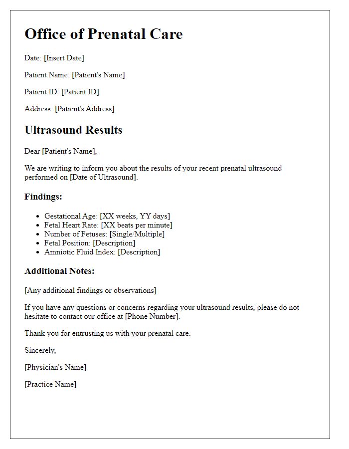 Letter template of prenatal care ultrasound results