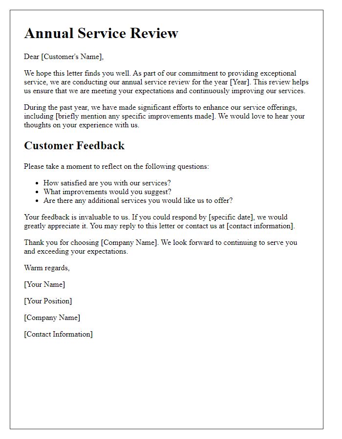 Letter template of annual service review for customer satisfaction