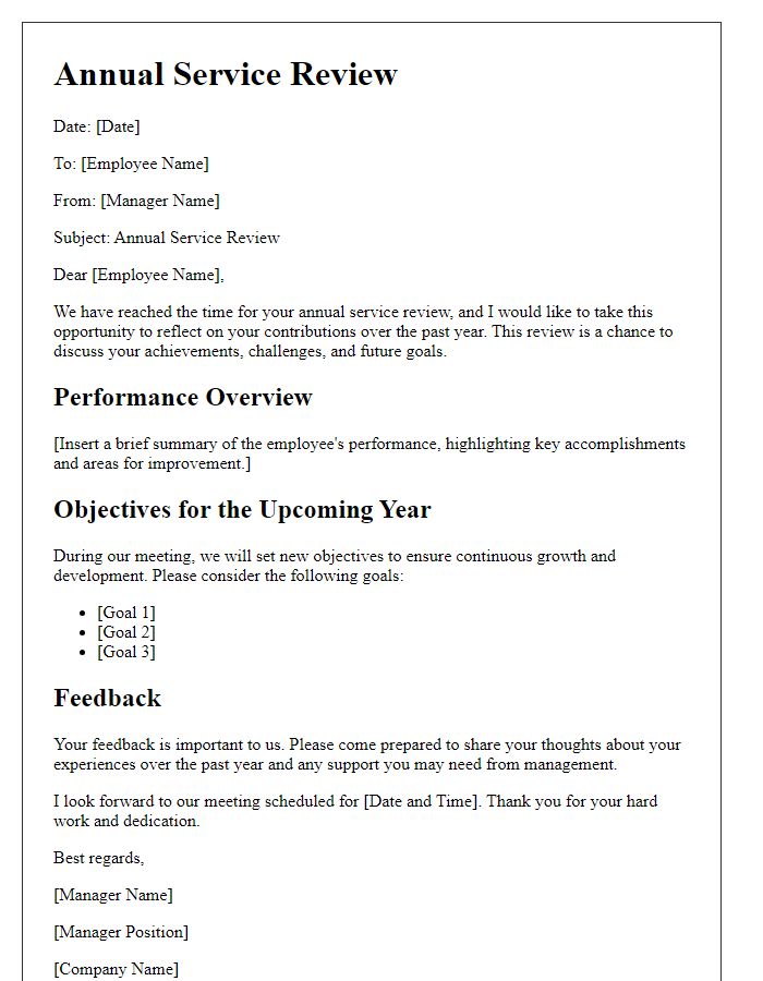 Letter template of annual service review for employees