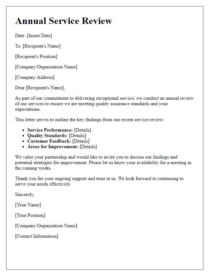 Letter template of annual service review for quality assurance