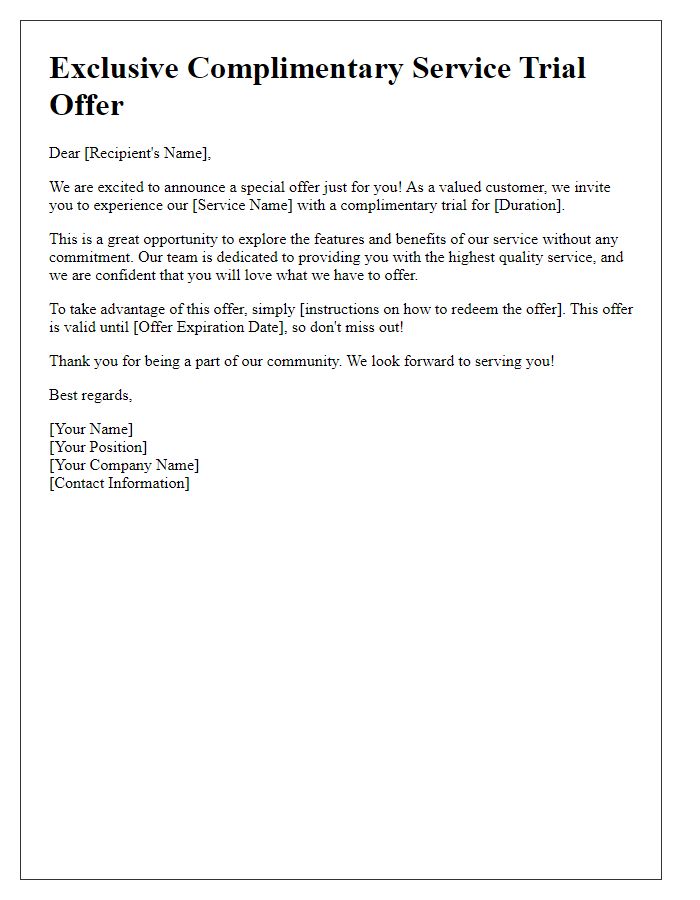 Letter template of complimentary service trial offer