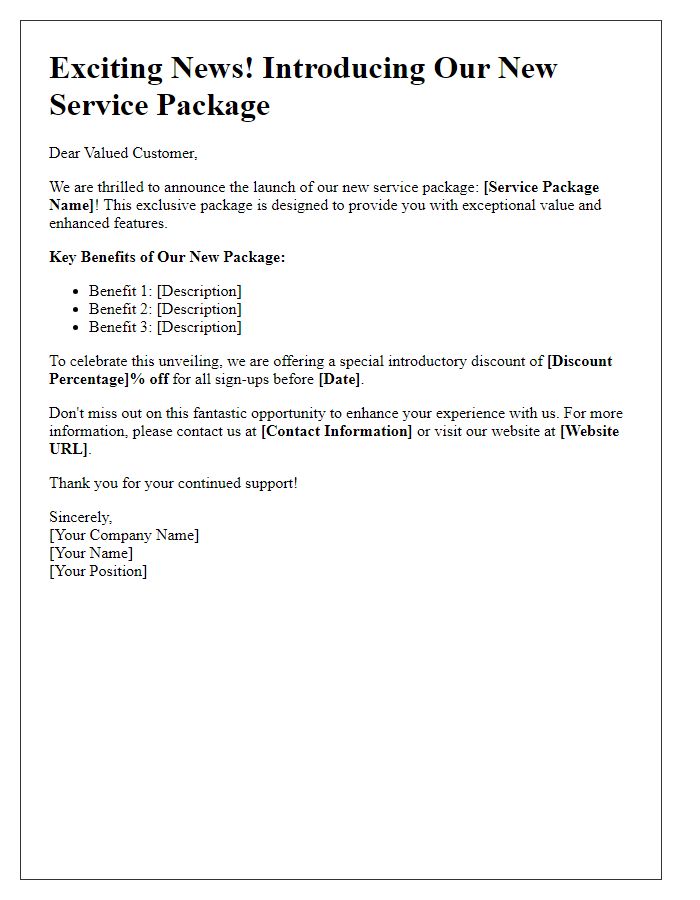 Letter template of new service package unveiling