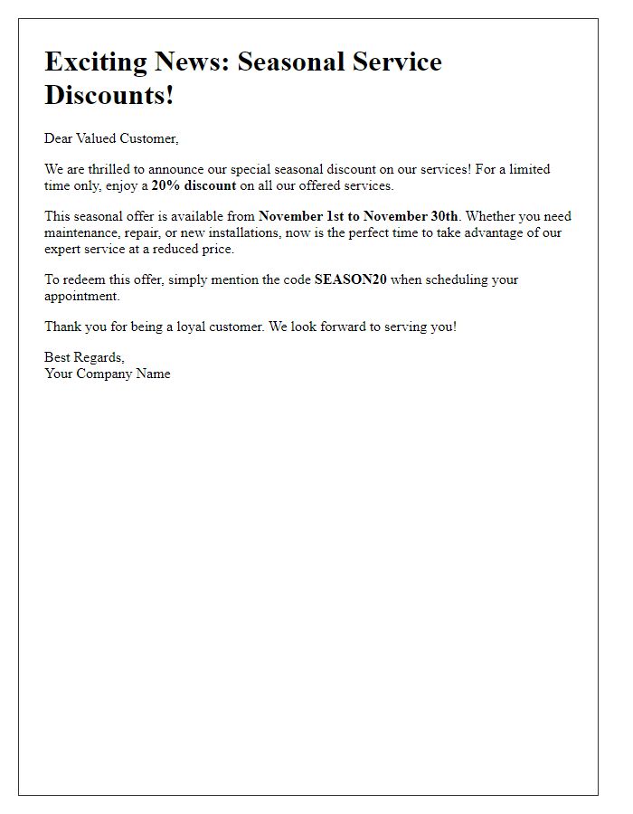 Letter template of seasonal service discount announcement