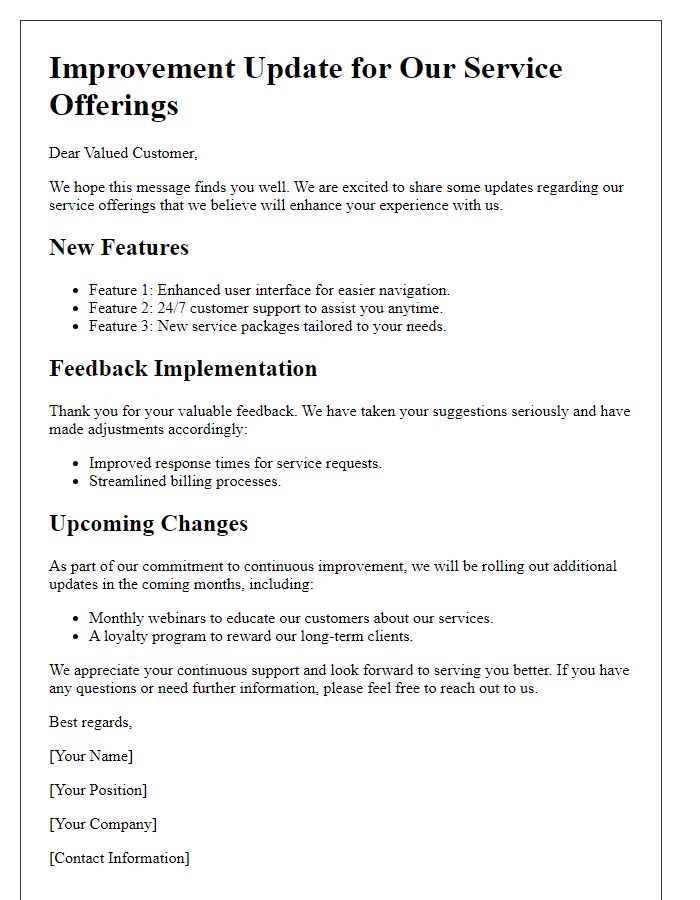 Letter template of improvement update for service offerings