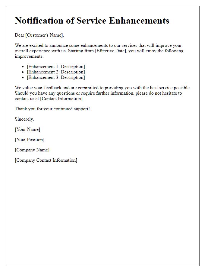 Letter template of notification regarding service enhancements