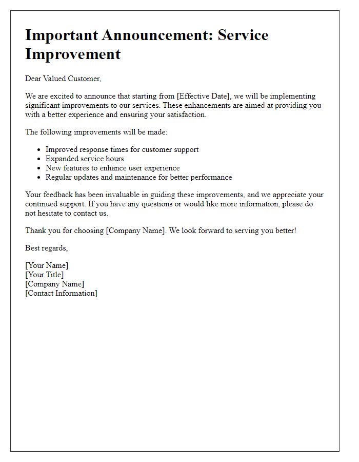 Letter template of service improvement announcement