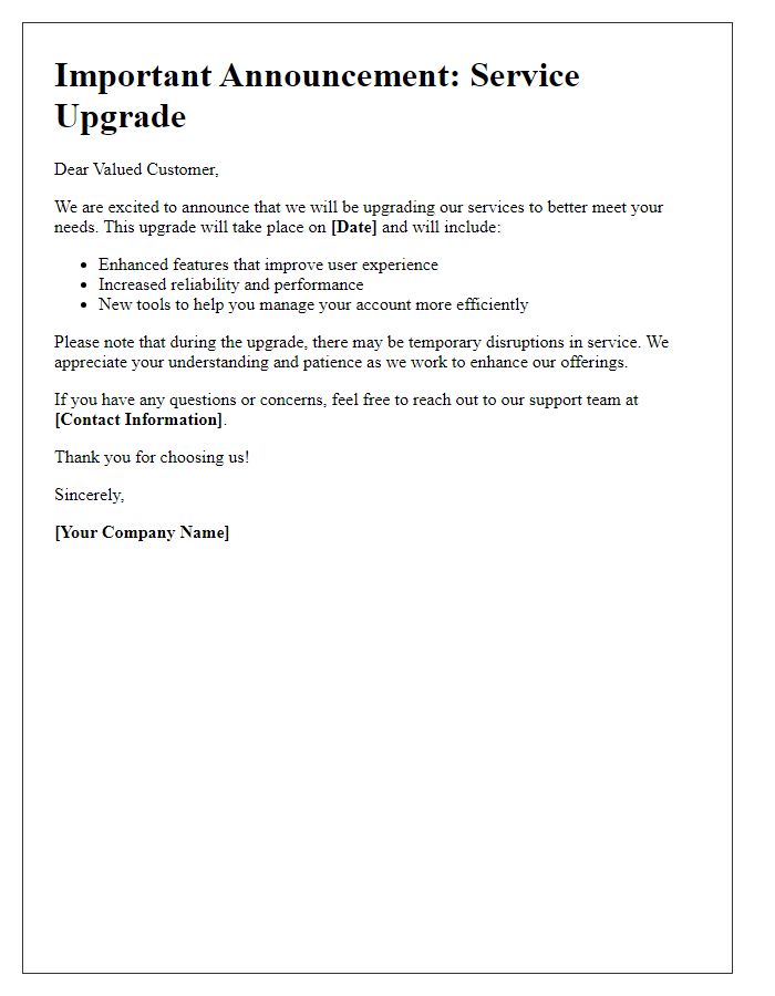 Letter template of service upgrade announcement