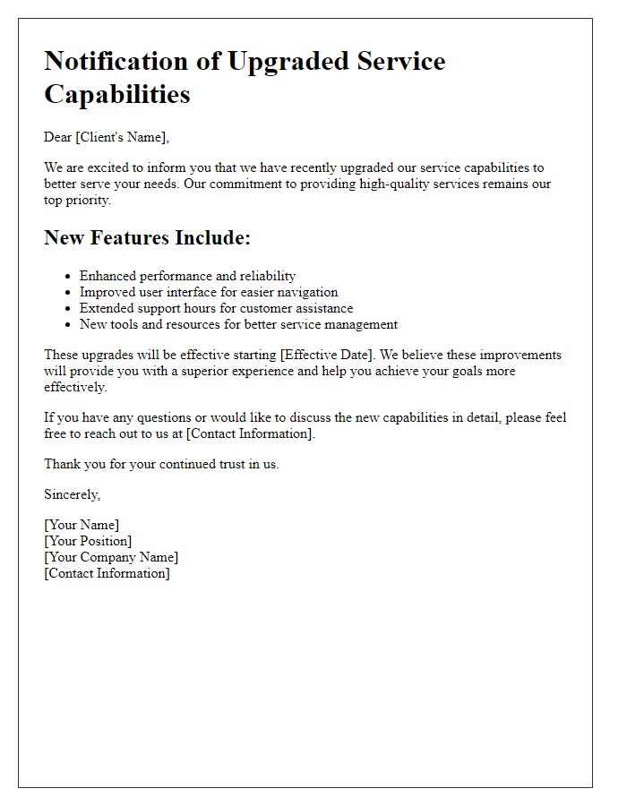 Letter template of upgraded service capabilities information