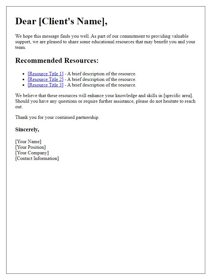 Letter template of educational resources sharing with clients.