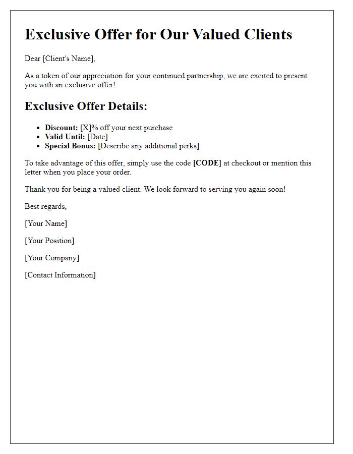 Letter template of exclusive offers to valued clients.