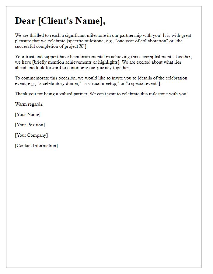 Letter template of milestone celebration for client partnerships.