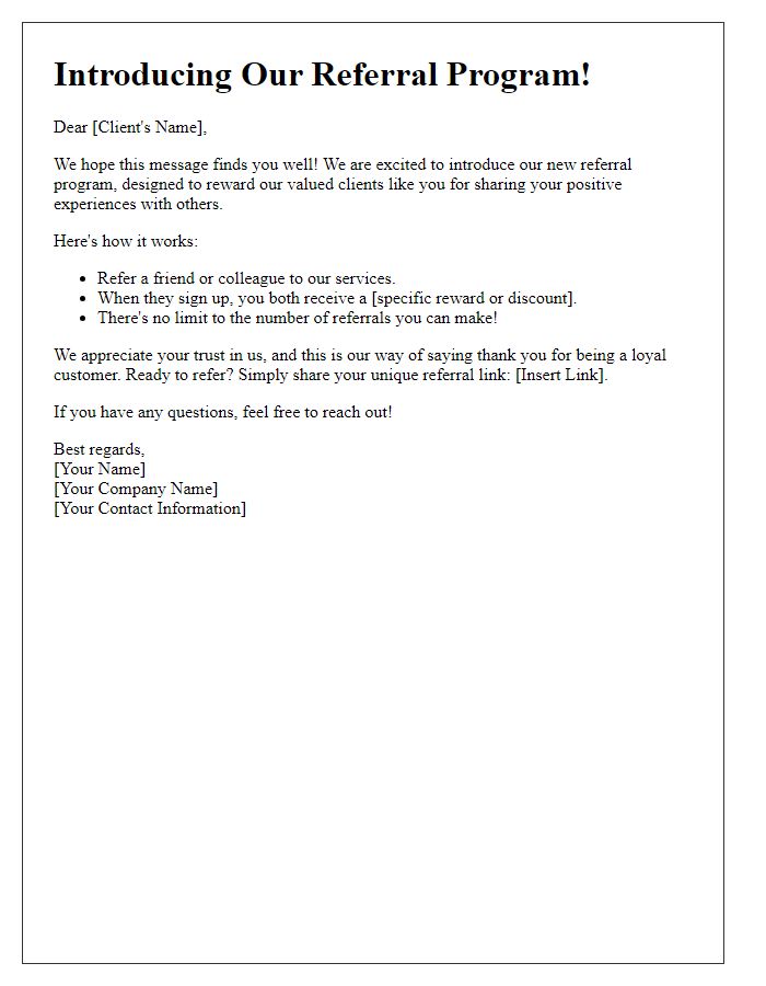 Letter template of referral program introduction for existing clients.