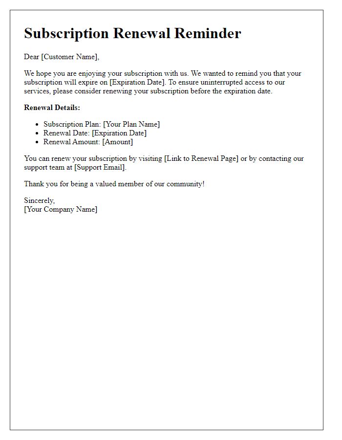 Letter template of renewal reminders for subscription services.