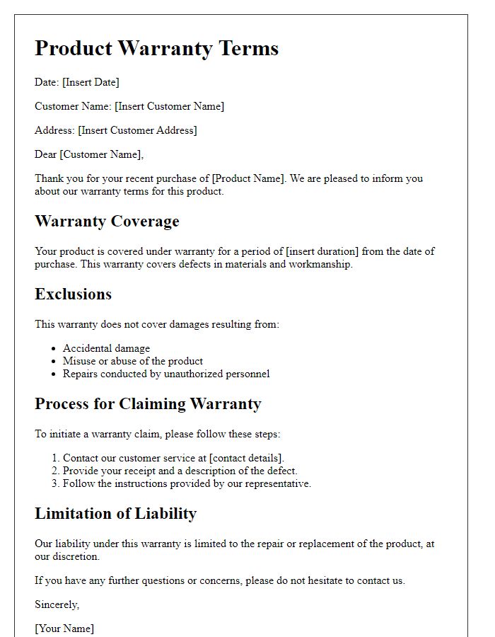 Letter template of product service warranty terms