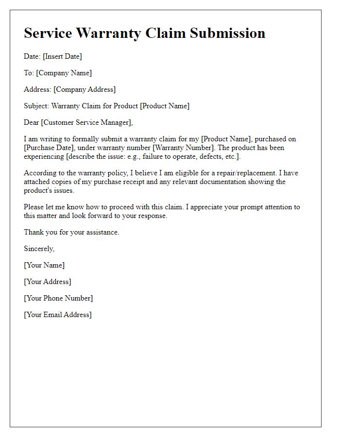 Letter template of service warranty claim submission