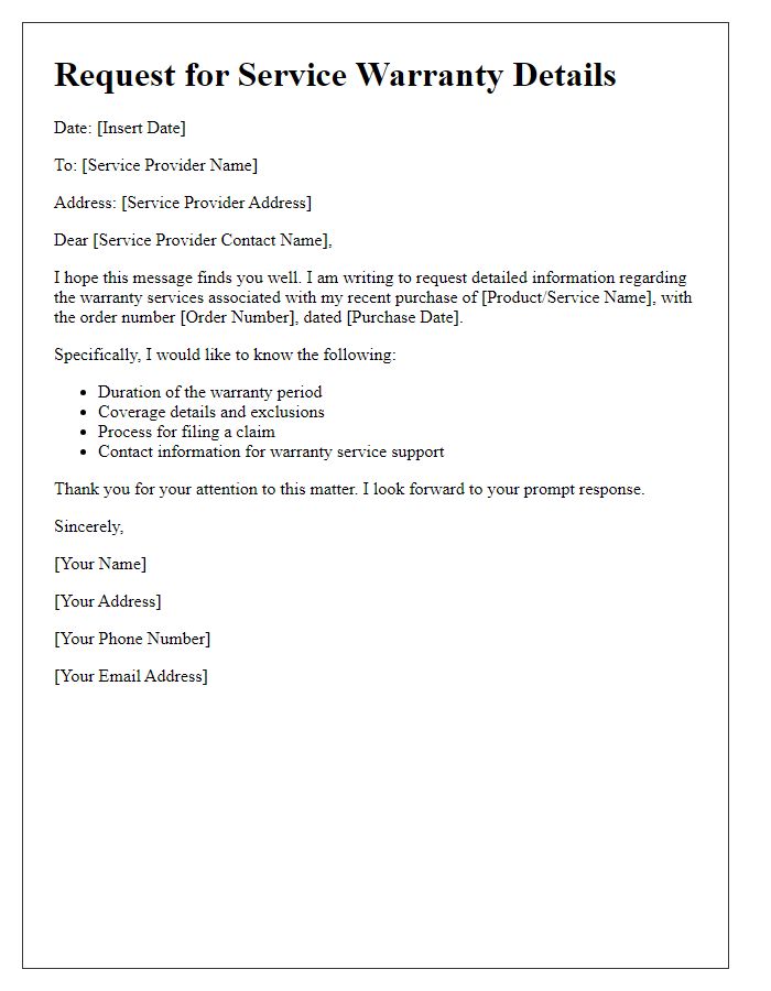 Letter template of service warranty details request