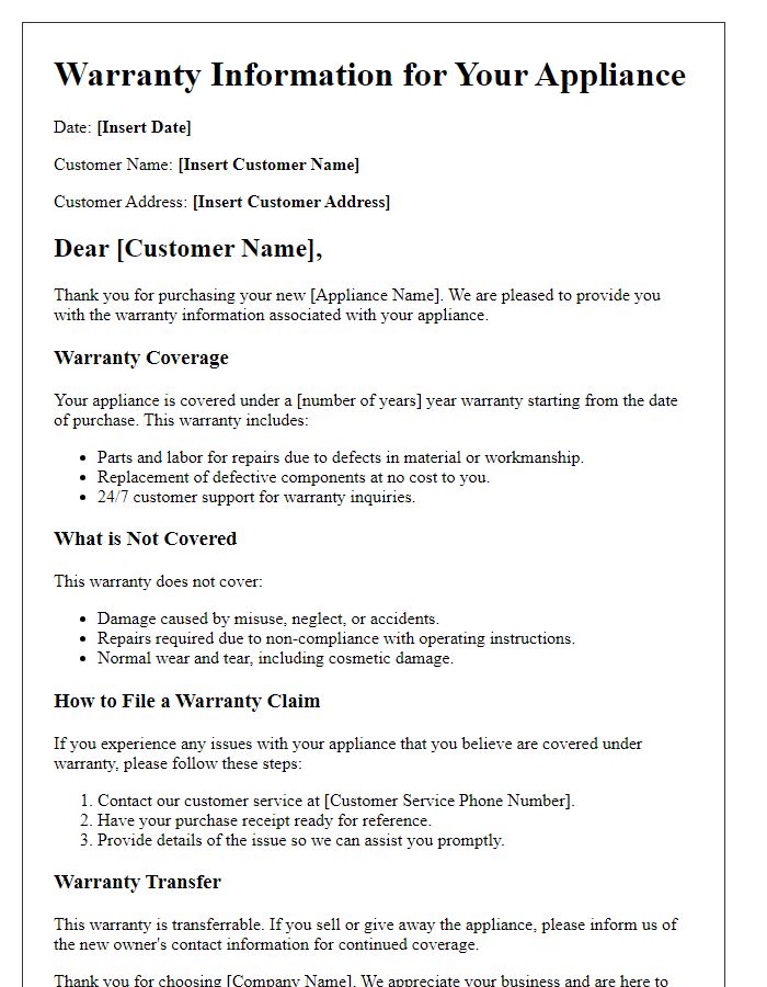 Letter template of warranty information for appliances