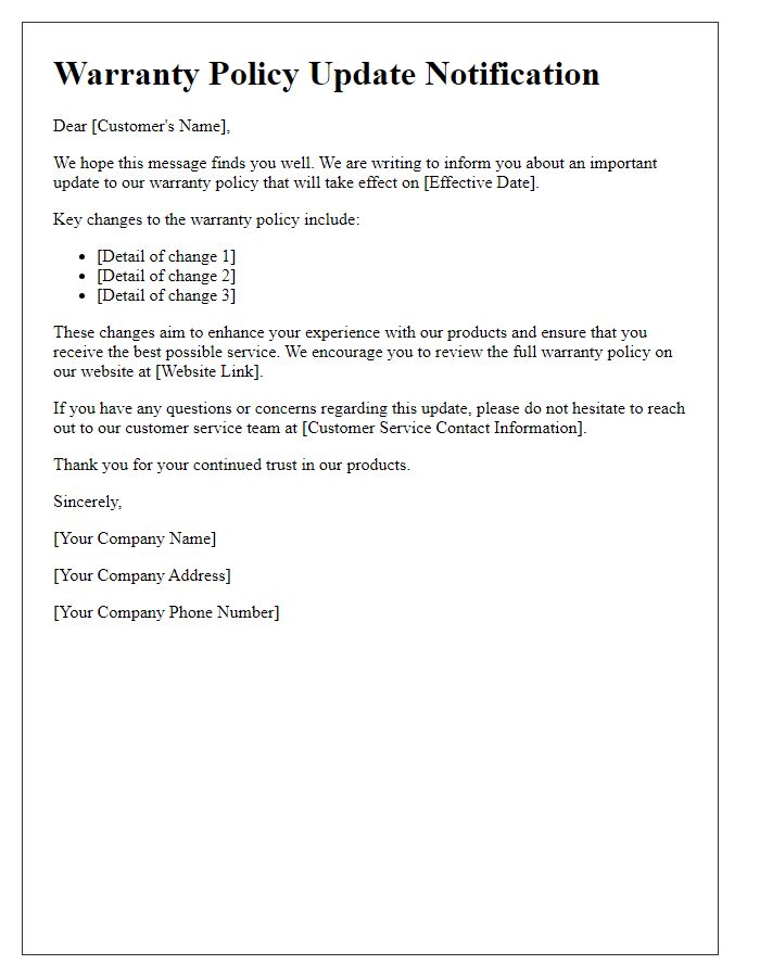 Letter template of warranty policy update notification