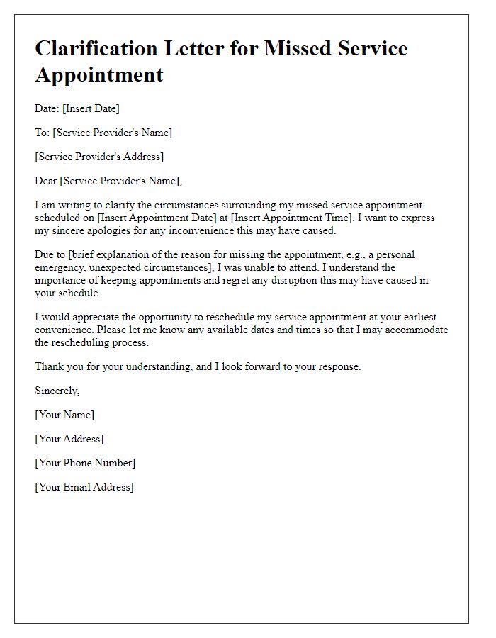 Letter template of clarification for missed service appointment