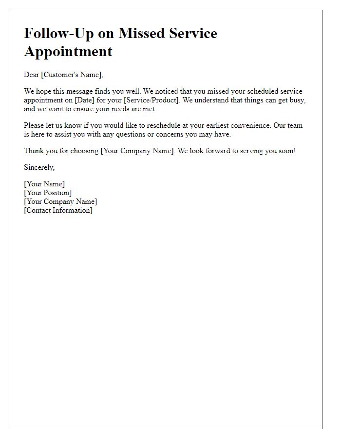 Letter template of follow-up after missed service appointment