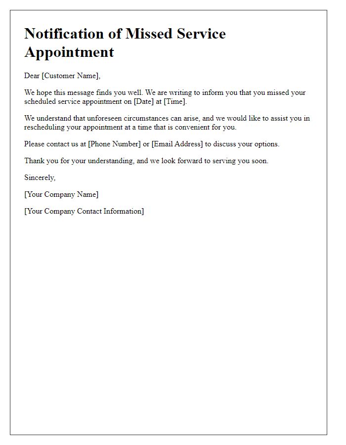 Letter template of notification for missed service appointment