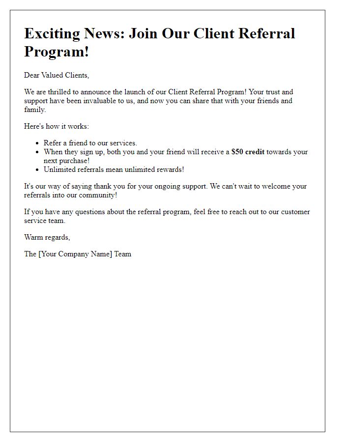 Letter template of client referral program announcement.