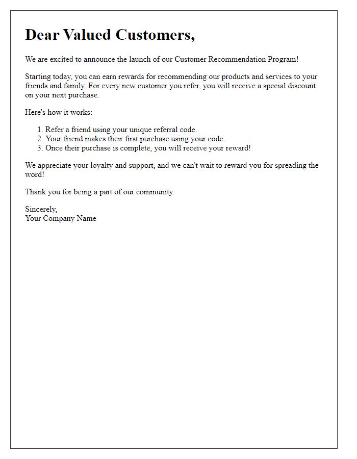 Letter template of customer recommendation program launch.