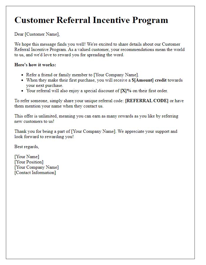 Letter template of customer referral incentive details.