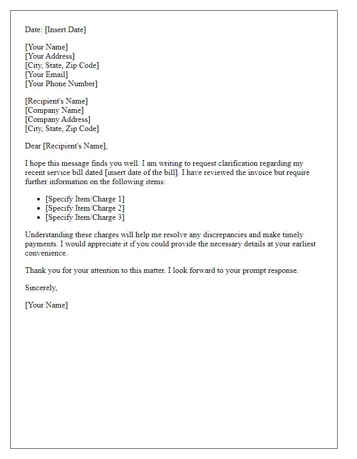 Letter template of service billing clarification request