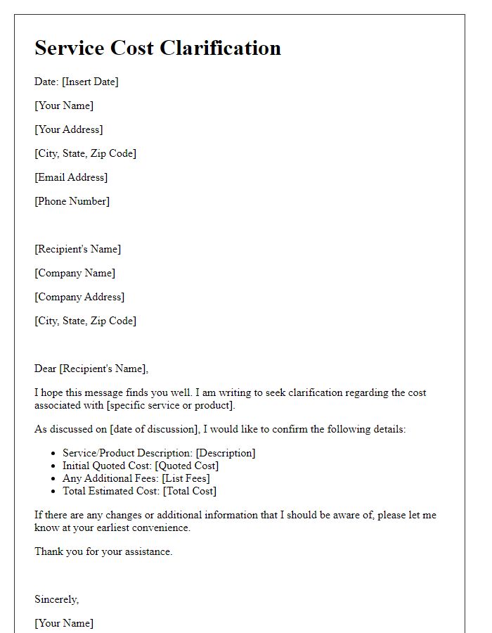Letter template of service cost clarification