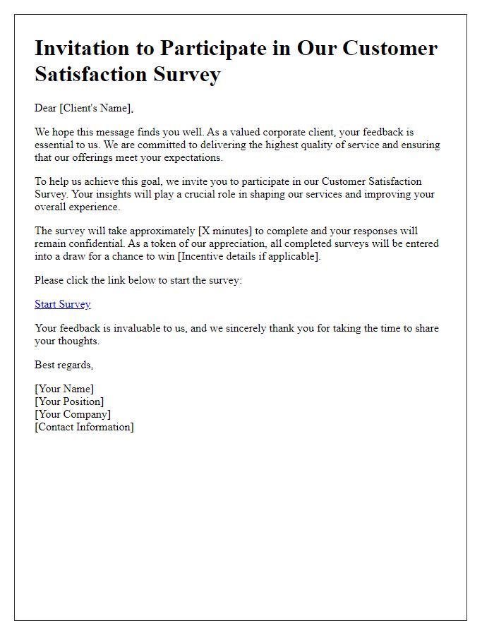 Letter template of Customer Satisfaction Survey Invitation for Corporate Clients