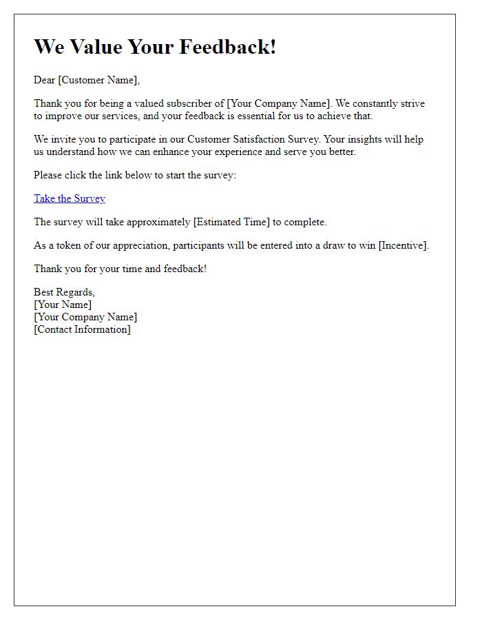 Letter template of Customer Satisfaction Survey Invitation for Subscription Feedback