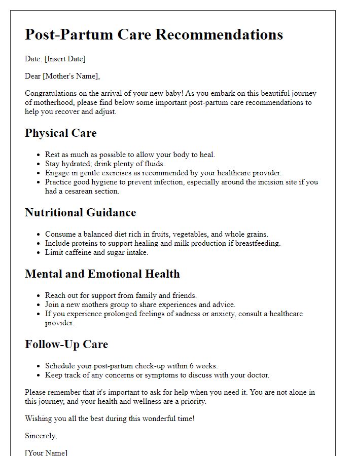 Letter template of post-partum care recommendations for new mothers.