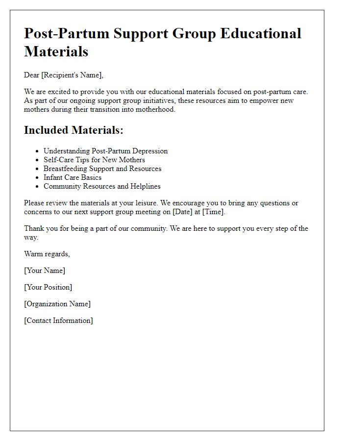 Letter template of post-partum education materials for support groups.