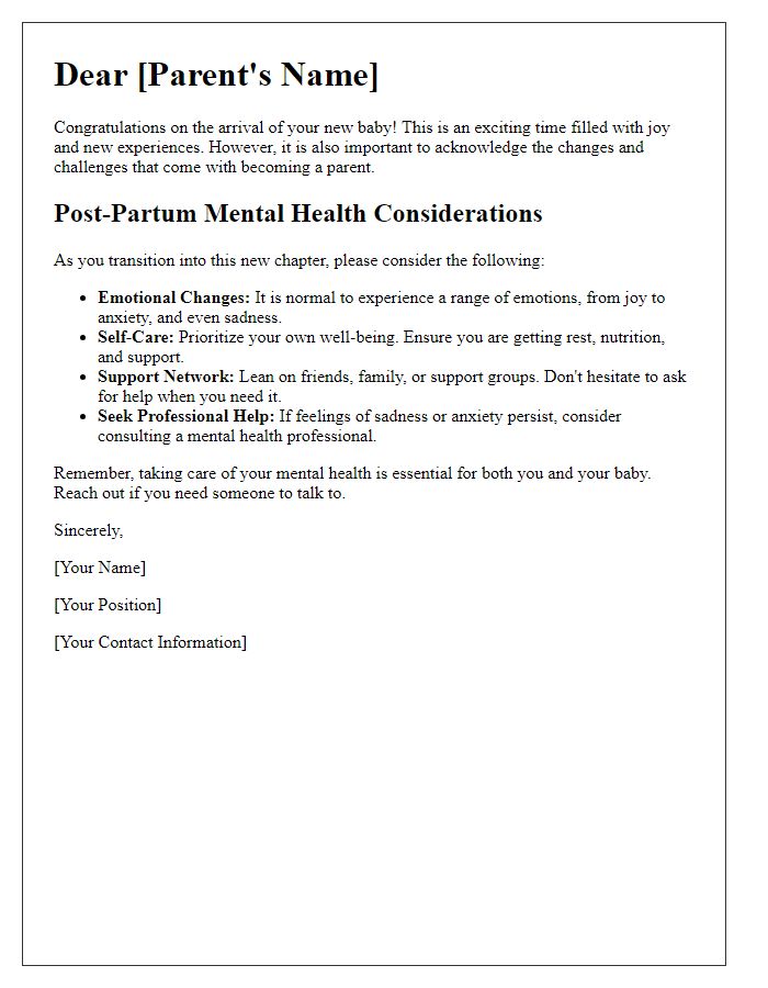 Letter template of post-partum mental health considerations for parents.