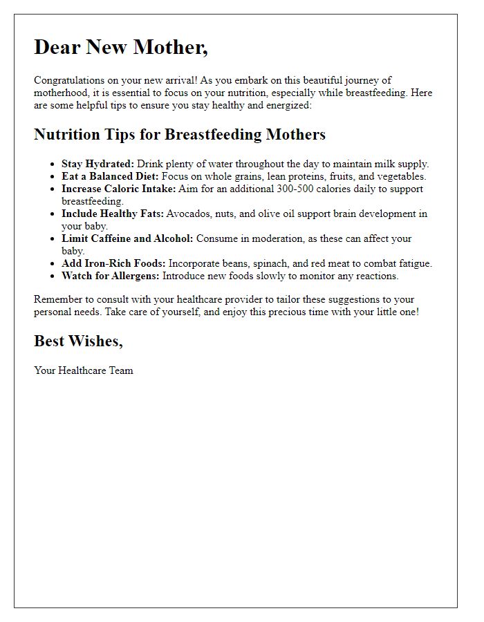 Letter template of post-partum nutrition tips for breastfeeding mothers.