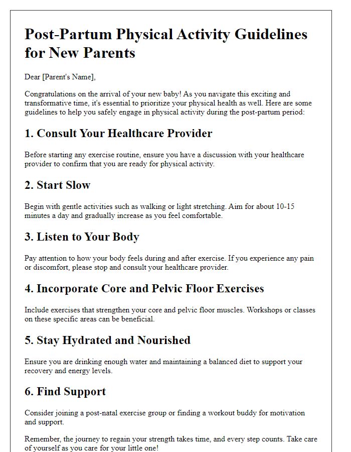 Letter template of post-partum physical activity guidelines for new parents.