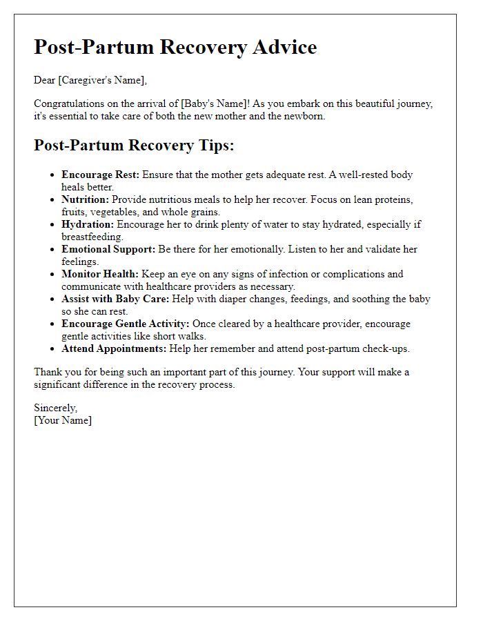 Letter template of post-partum recovery advice for caregivers.