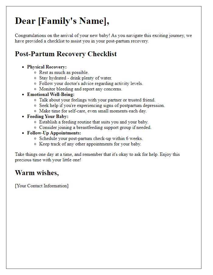 Letter template of post-partum recovery checklists for new families.