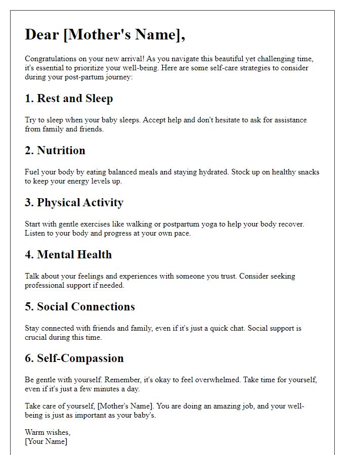 Letter template of post-partum self-care strategies for mothers.